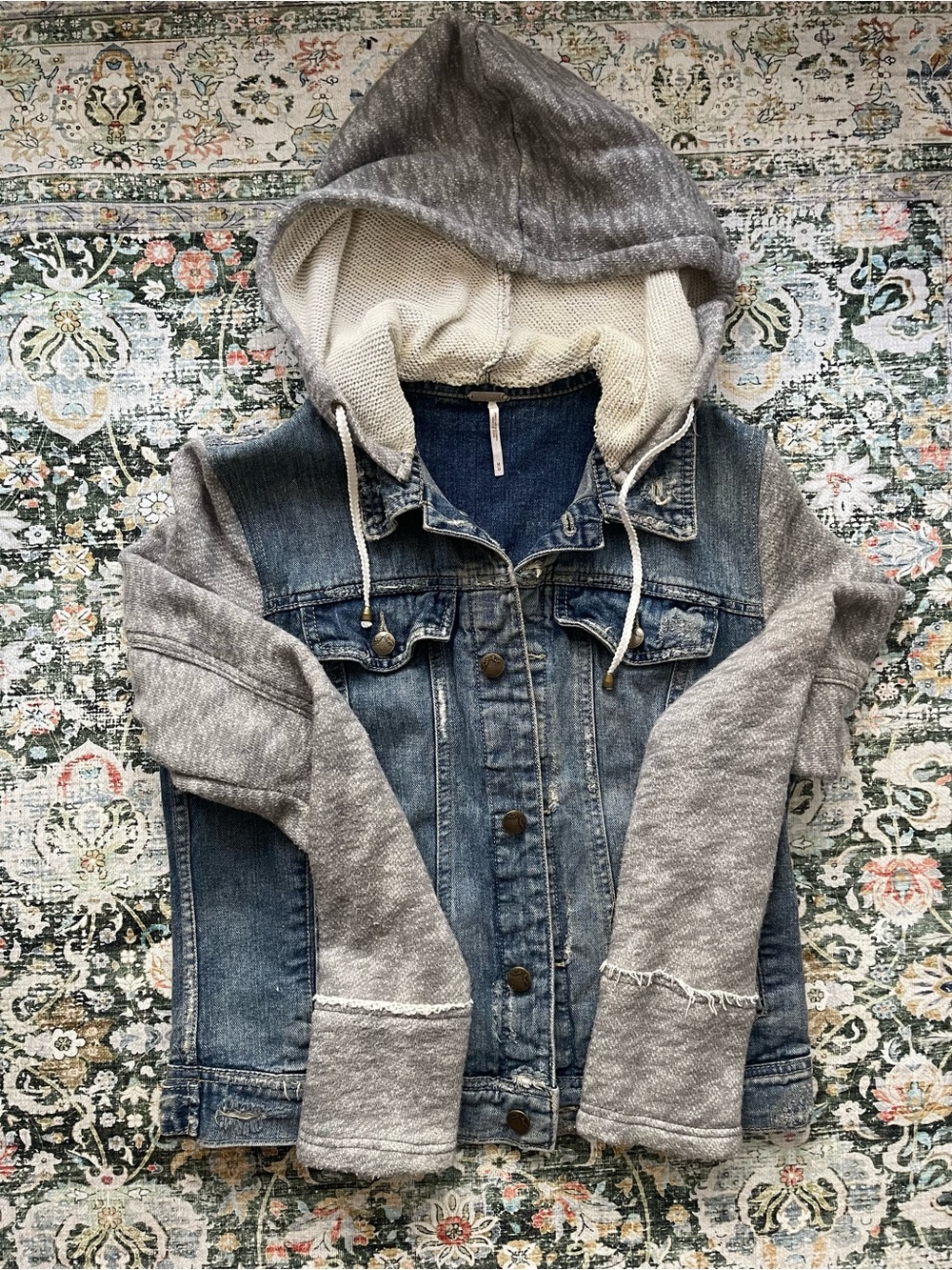 Free People Blue Denim Jacket with Gray Knit Hoodie